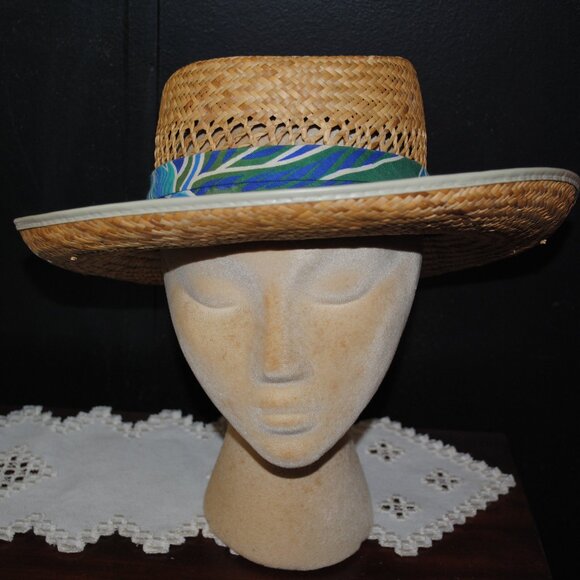 Accessories - Vintage Straw Sun Hat with Tropical Fabric Band Made in USA